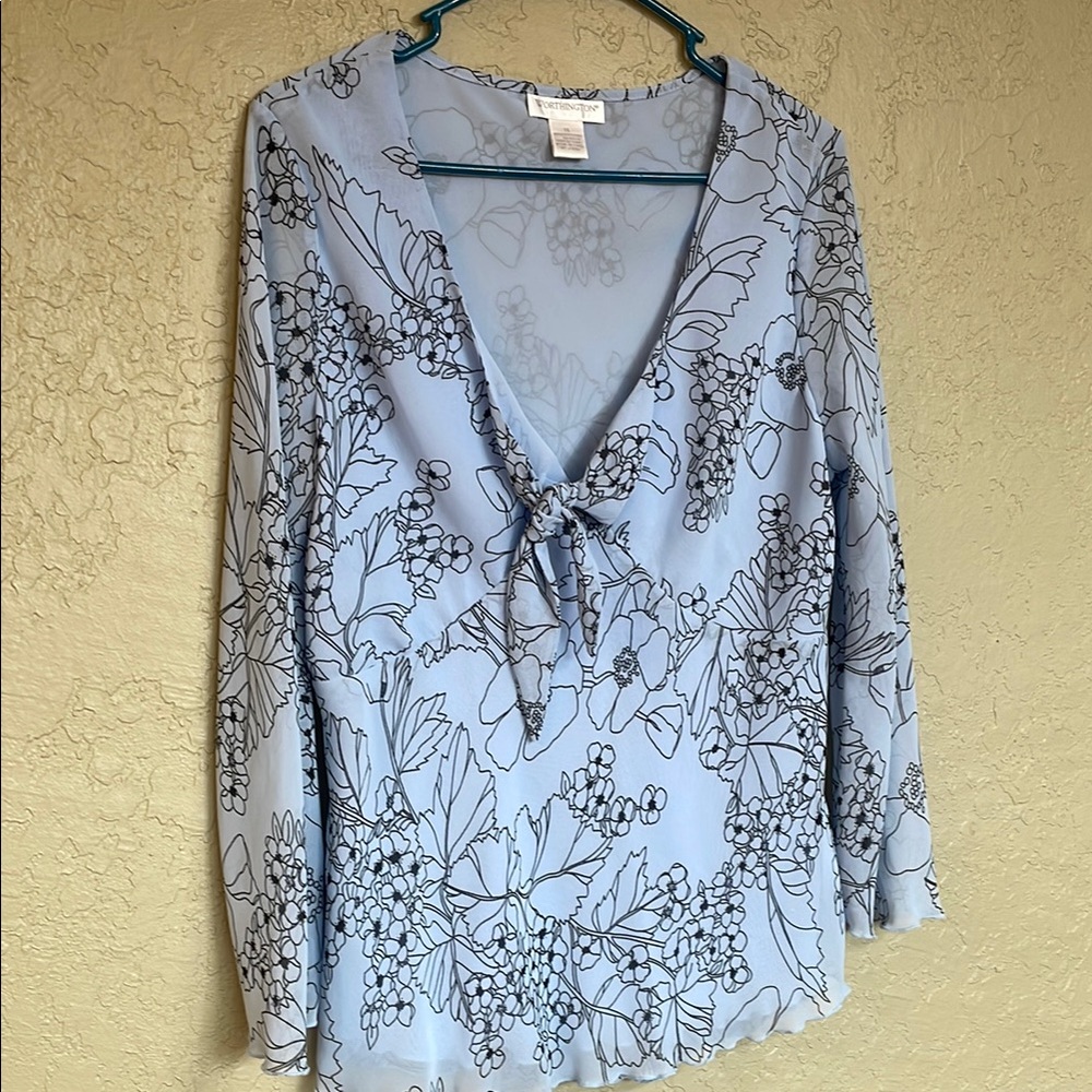Worthington Blue Tie Front 3/4 Sleeve Blouse